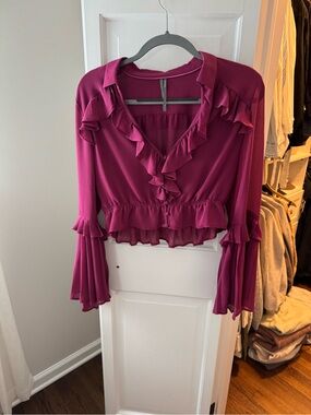 Anthropologie Magenta Ruffled V-Neck Blouse